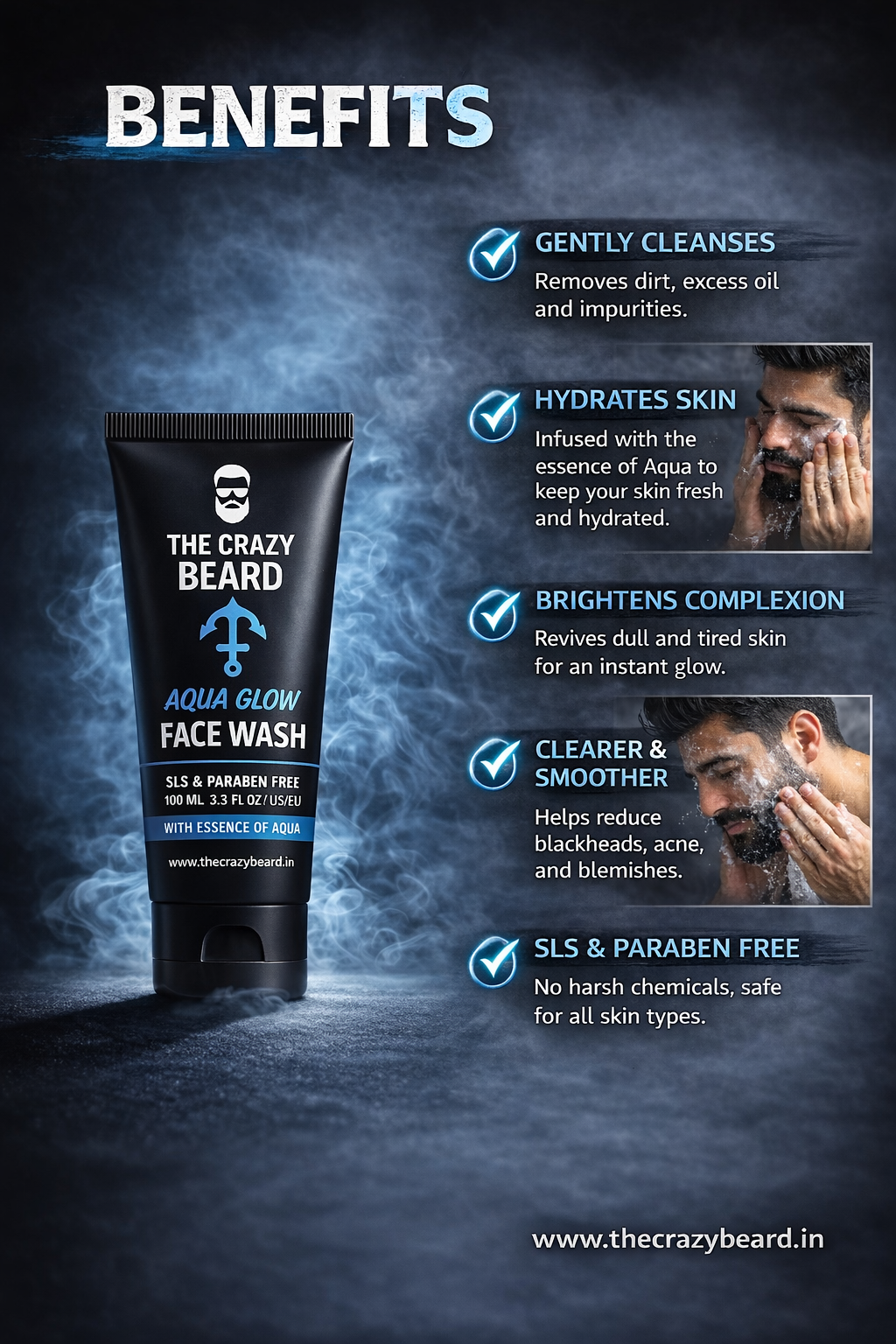 THE CRAZY BEARD Aqua Glow Face Wash for Men | Deep Cleansing & Hydrating Face Wash